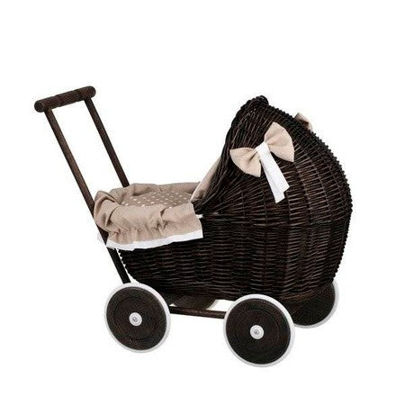 Dark Painted Wicker Doll Pram - Beige Bedding