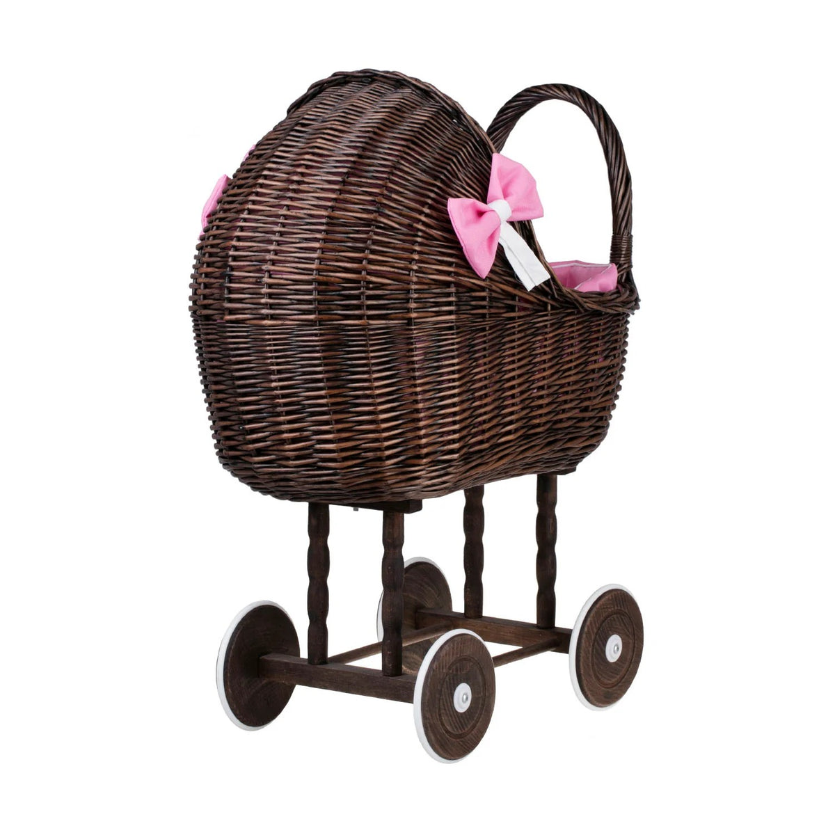 Dark Wicker Doll Stroller Lena - Pink Bedding