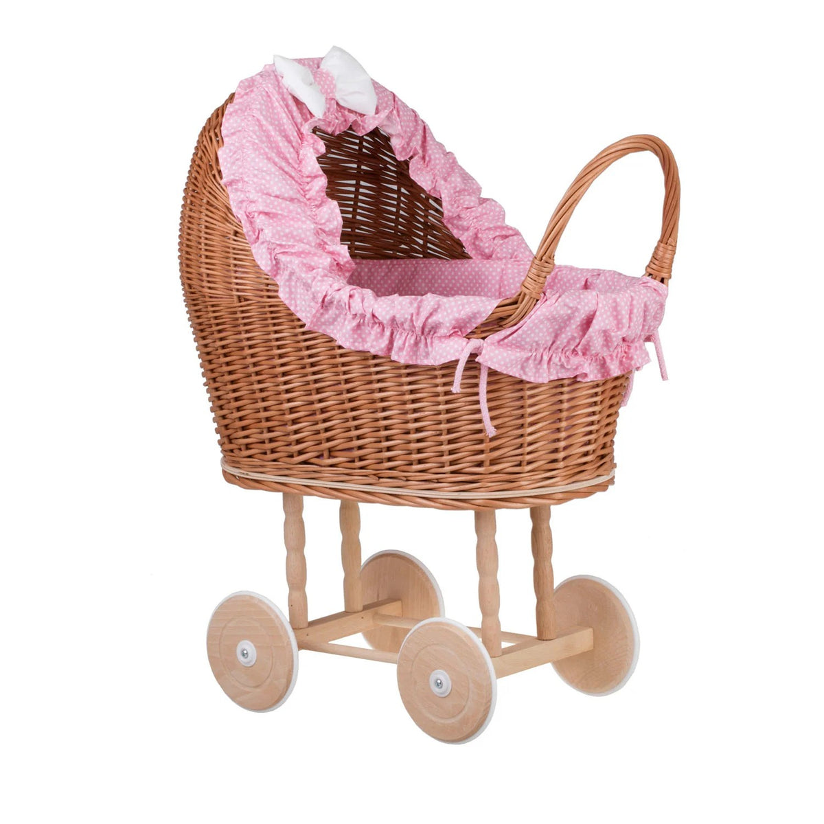 Lulu wicker doll stroller with pink trim, blanket, and pillow