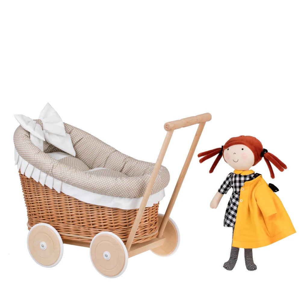 Luna wicker doll stroller with beige trim, blanket, and pillow - Beige