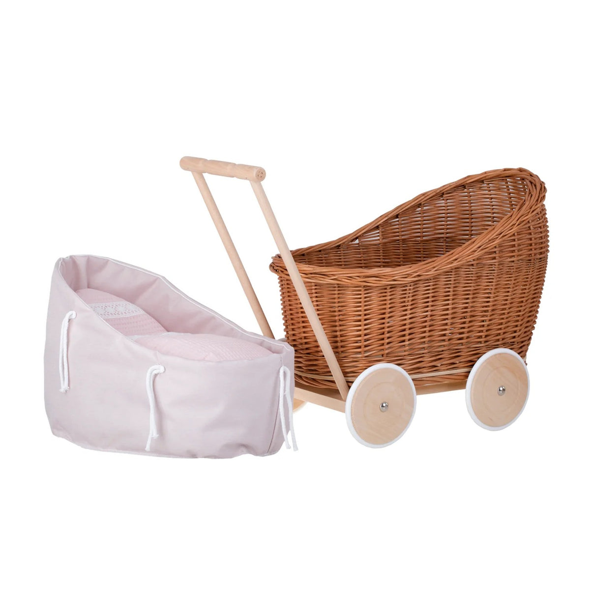 Luna wicker doll stroller with pink trim, quilt and pillow