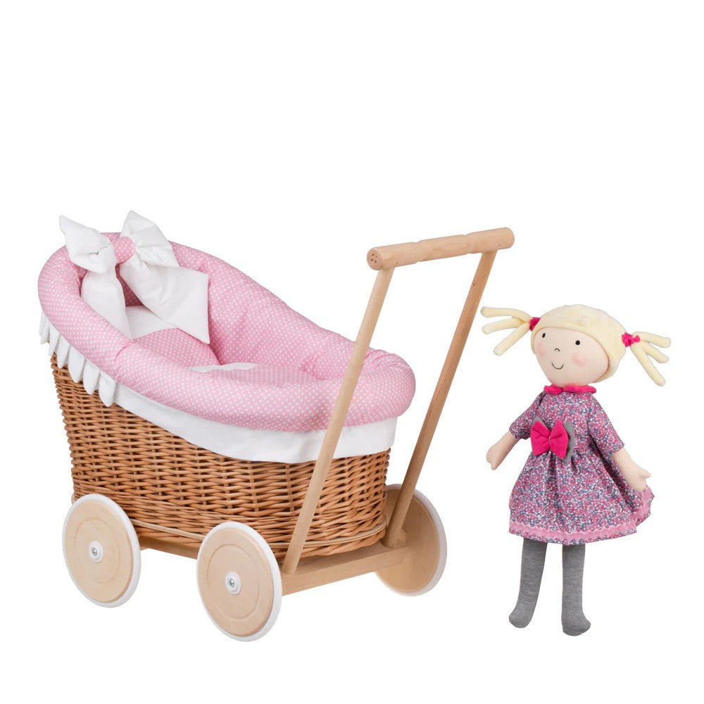Luna wicker doll stroller with pink trim, blanket, and pillow