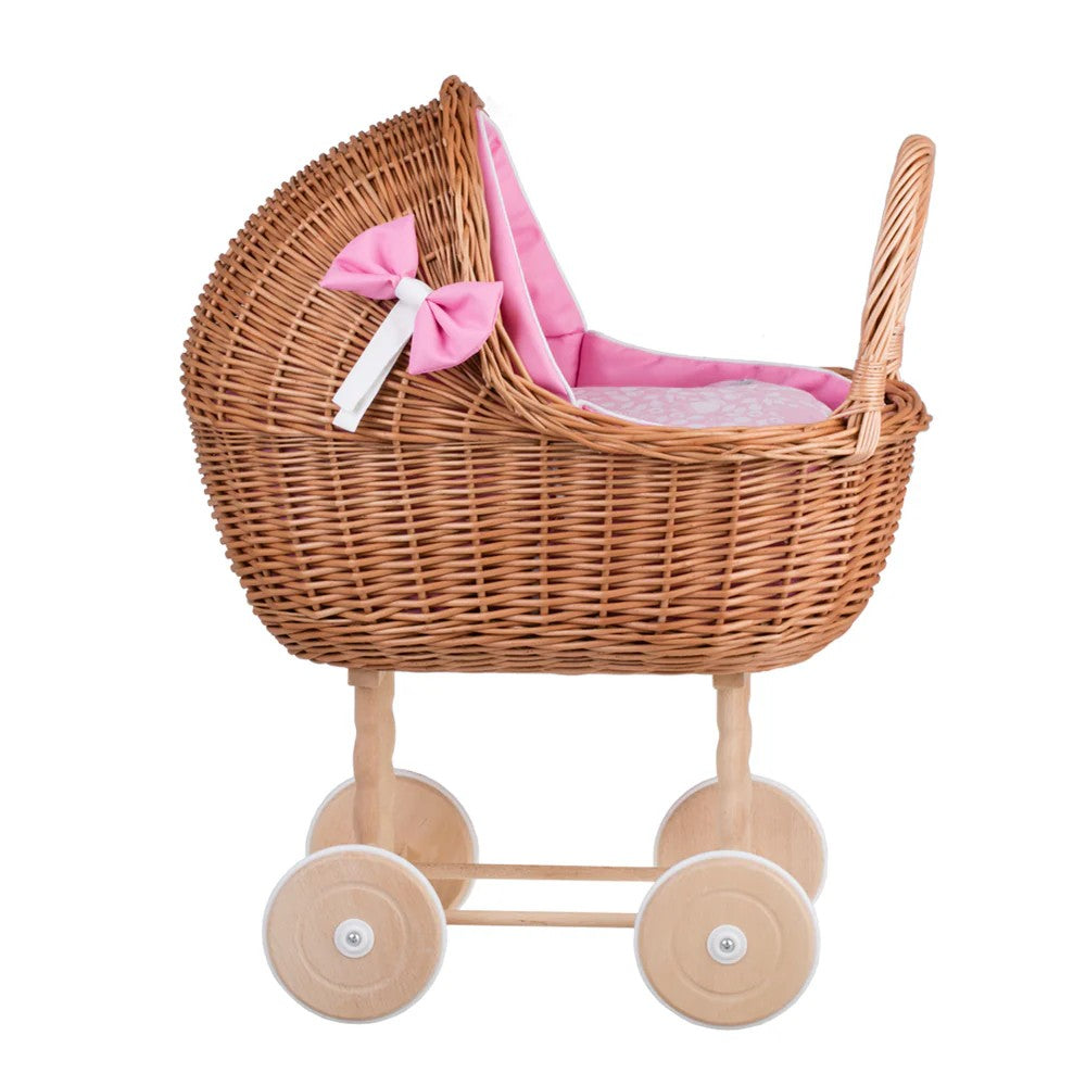 Wicker Doll Stroller Lena - Pink Bedding
